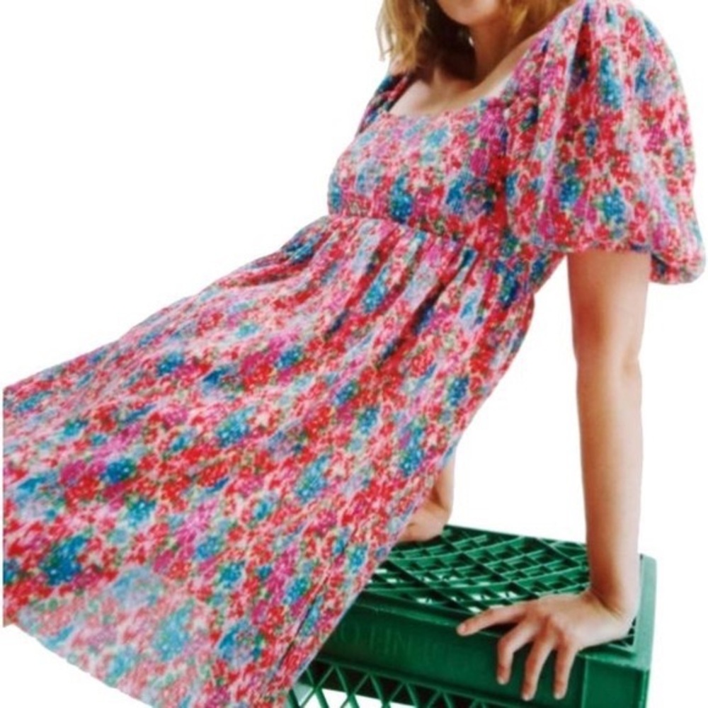 Zara Pleated Multicolored Floral Puff Sleeve Mini Dress